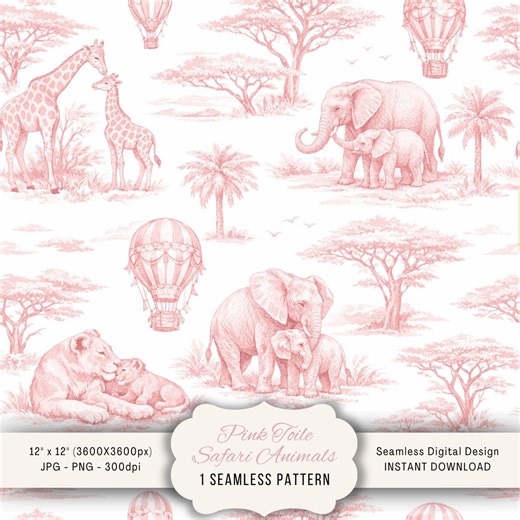 Pink Toile Safari Animals Seamless Pattern 12x12in | Watercolor Nursery Toile De Jouy Digital Paper Mother & Baby Wild Animal Background - Etsy