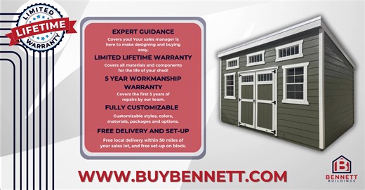 Cluttered yard got you down? Get organized and reclaim your space with a durable, beautifully crafted storage shed. We proudly serve NC, SC, & GA with high-quality buildings - built tough for changing weather. Visit us online at www.buybennett.com to find your local dealer or start designing your dream shed today! | Bennett Buildings