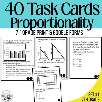7th Grade Math 40 Task Cards | Proportional, Precents, Ratios Review | Digital