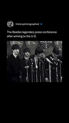 History Photographed on Instagram: "The Beatles' first US press conference took place on February 7, 1964, at John F. Kennedy International Airport upon their arrival in New York City.⁠ ⁠ The scene was characterized by chaos and overwhelming noise due to the massive crowd of fans and reporters. ⁠ ⁠ The press conference was a key moment in the band's introduction to the American public and helped solidify their image."