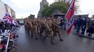 These villagers are marching in memory of Hugglescote's Famous 50... the first WW1 volunteers from the area to reach France. | BBC Nottingham