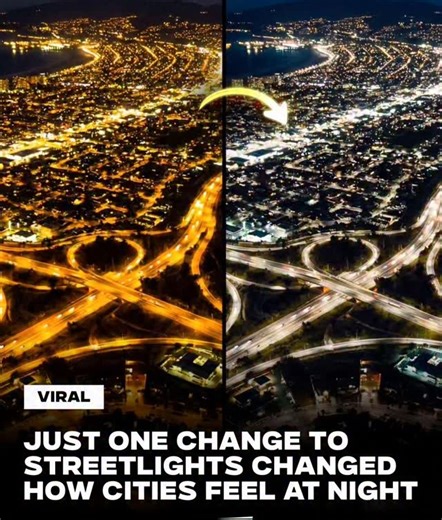 Eesha on Instagram: "For decades, cities around the world were lit almost entirely by high-pressure sodium streetlights — the orange glow that dominated night streets, highways, and aerial photos. Those lights weren’t chosen for aesthetics, but because they were cheap, durable, and efficient for their time. As cities began switching to LED streetlights, the change did more than reduce energy costs. LEDs emit a whiter, broader spectrum of light, which improves visibility, alters color perception,