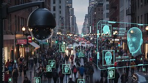 High-tech surveillance camera mounted on urban street pole performs comprehensive crowd scanning with digital facial recognition technology and real-time tracking interface