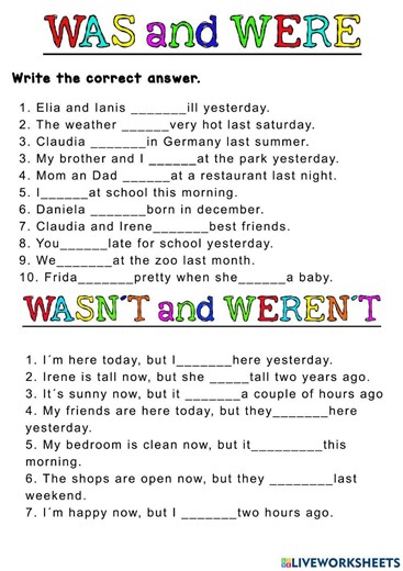 Was and were interactive worksheet for 5