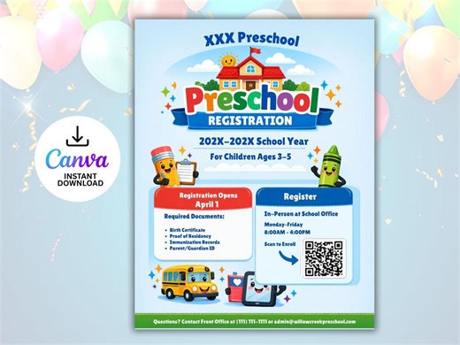 Preschool Registration Flyer Template | Editable School Enrollment Poster | 2026–2027 Canva | QR Code Included - Etsy