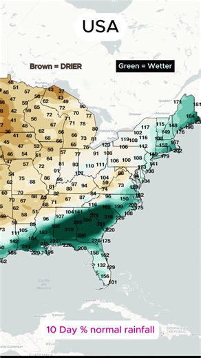 🌧️📉🇺🇸 10-Day Rainfall % Normal Map! Big Wet/Dry Split 💦☀️⚠️ #Weather #Rain #Forecast