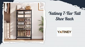 8-Tier Tall Shoe Rack for Entryway, Large Capacity Shoe Storage Organizer with Boot Storage, Freestanding Shoes Shelf Holds 27 Pairs of Shoes, Space Saving, Black and Rustic Brown SS17BR