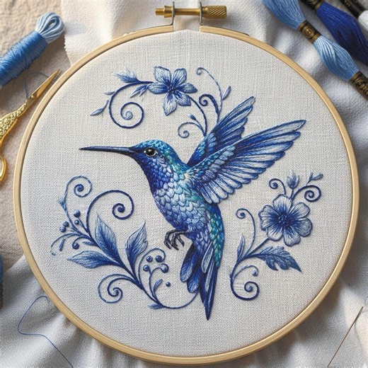 Blue Hummingbird Hand Embroidery Pattern, Botanical Bird Hoop Art, Vintage Style PDF Design - Etsy