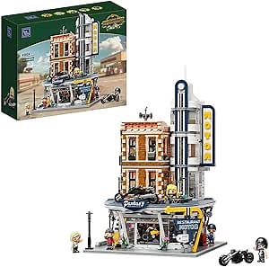 PANTASY Retro Motorcycle Diner & Bar Building Set - Modular Street Corner Architecture Kit with Interactive Doors, Openable Walls, 4 Motorcycles & 5 Exclusive Minifigures for Display & Play