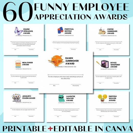 Funny Employee Appreciation Awards: 60 Printable Certificates (editable Canva) - Etsy