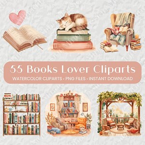 55 Book Lover Clipart PNG, Bookstrovert, Girl Reading, Literature, PNG Books, Coffee, Cats, Library, Watercolor Illustration