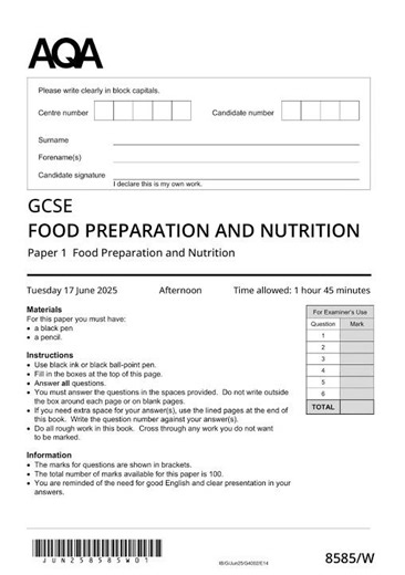 AQA GCSE Food PreparATIon And Nutrition Paper 1 2025