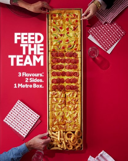 Get the LIMO, our longest pizza ever 📏📏📏 3 Flavours. 2 Sides. 1 Metre Box. And a whole lotta cheese... Available on delivery only. | Pizza Hut