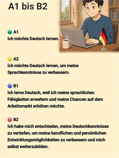 Easygerman01 on Instagram: "“From A1 to B2 — one step closer to Germany 🇩🇪✨” "Every level has a purpose — A1, A2, B1 or B2. No matter where you start, every step takes you closer to your dream life in Germany. 🇩🇪✨ Whether it's Ausbildung, job, study or visa preparation, your German level decides your opportunities. 🔥 “A1–B2 classes, notes, guidance → DM me to join.” Follow For More #de #DeutschMotivation #german #GermanTraditions #germanmemes #germanystudy #deutschland"