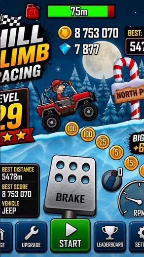 Hill Climb Racing Level 29 Gameplay ❄️ North Pole Jeep | Big Air +600 Best Run