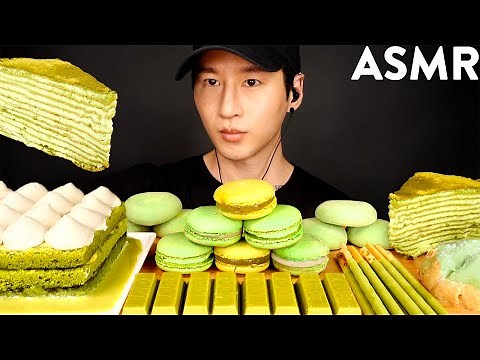 ASMR GREEN TEA ICE CREAM MOCHI, MACARON, CREPE CAKE, TRES LECHES, POCKY MUKBANG (EATING SOUNDS)