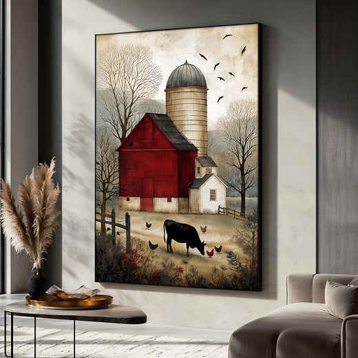 Rustic Farmhouse Canvas Painting, Red Barn and Silo Wall Art With Cows and Chickens, Country Landscape Decor, Vintage Style Art Gift - Etsy