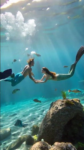 Teen Mermaid Couple Swimming Under the River
