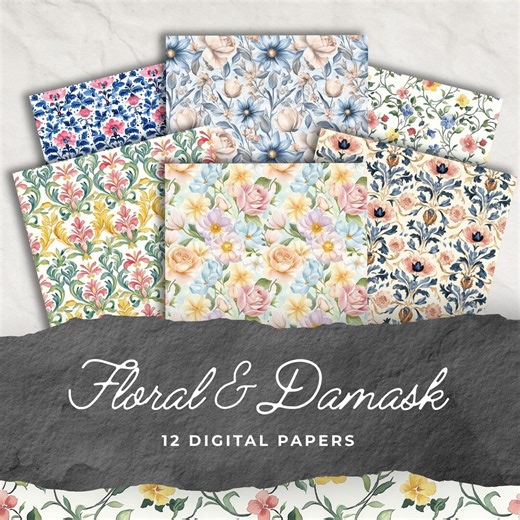 Floral & Damask Digital Paper Pack | 12 Seamless Scrapbook Papers | Watercolor Floral Patterns | Cottagecore Backgrounds | Digital Download - Etsy
