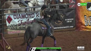 Jordan Harrell rode OE BACHELOR PAD (FLINGIN ROSES x FC STRAIT CAJUN), owned by Leslie Willis, to the win of the Super Stakes, for a $100,000 payday at the 40th BFA. Ceri Ward took the win of the Freshman Slot Race on FLINGING GOODBYES (THE GOODBYE LANE x BLUE MOON FLING) for $28,000. Ceri, Jordan, and Leslie join Amy Wilson at the EQN Sports Desk. | Barrel Futurities of America