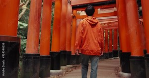 Inari shrine, man and shinto temple with back for religion, ideas and walking in nature for connection to god. Japanese person, outdoor and trees with pillar, spiritual journey and vision in Kyoto