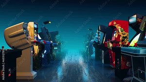 Animation of the classic retro arcade machine. Flight through the game room. Perfect video loop for a video clip, invitation, opener, motion graphics.