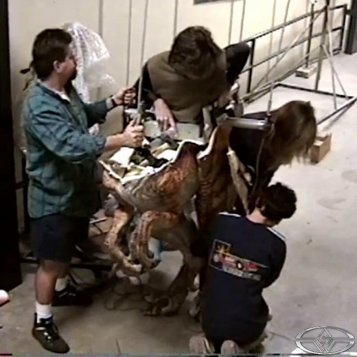 Academy Award-nominated Character Creator John Rosengrant in the Velociraptor suit at Stan Winston Studio for Steven Spielberg's The Lost World: Jurassic Park. #JurassicJune #JurassicPark #PracticalEffects #StanWinstonStudio | Stan Winston School of Character Arts