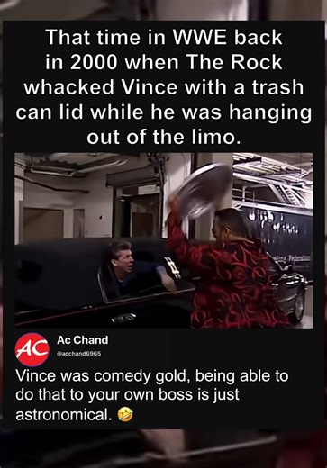 That time in WWE back in 2000 when The Rock whacked Vince with a trash can lid while he was hanging out of the limo. #trending #clip
