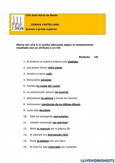 El complemento directo y el atributo worksheet