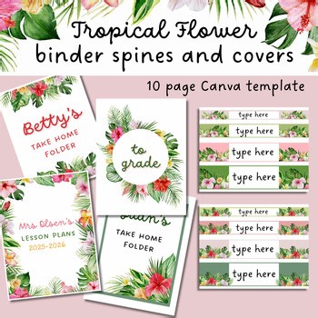 Editable Tropical binder or folder covers, spines, printable pdf, Canva template