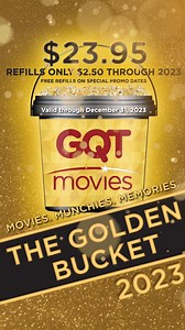 Golden Bucket: A Perfect Gift for the Popcorn Fan in your Life! The Golden Bucket offers $2.50 refills for all of 2023 for only $23.95! | GQT Movies