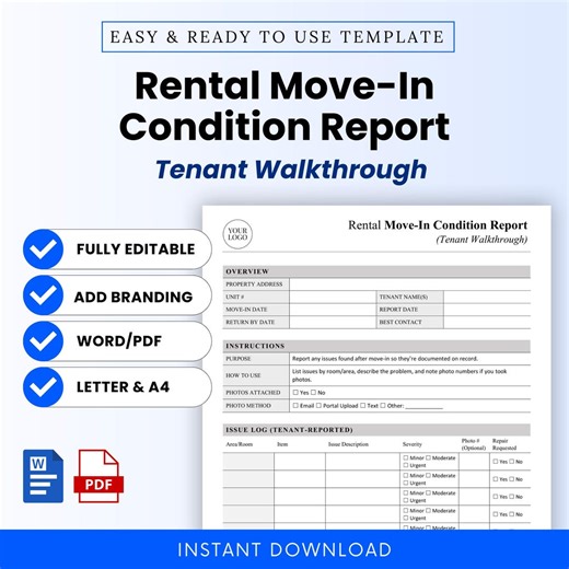 Rental Move-in Condition Report Template (tenant Walkthrough) – Word & PDF, A4   US Letter - Etsy