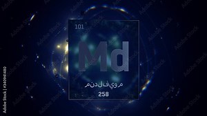 Mendelevium as Element 101 of the Periodic Table. Seamlessly looping 3D animation on blue illuminated atom design background orbiting electrons name, atomic weight element number in Arabic language