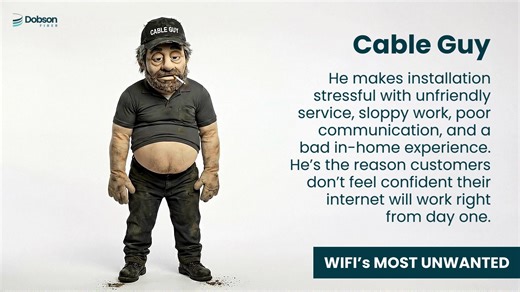 You shouldn’t have to cross your fingers when the installer shows up. Meet The Cable Guy — wrinkled shirt, sloppy work, and zero respect for your home. Now meet Dobson Fiber: ✔ Professional, friendly technicians ✔ Clean installs done right the first time ✔ 1,000 five-star Google reviews Kick the villains out of your house. 👉 Shop now: https://hubs.ly/Q03-W2rx0 | Dobson Fiber
