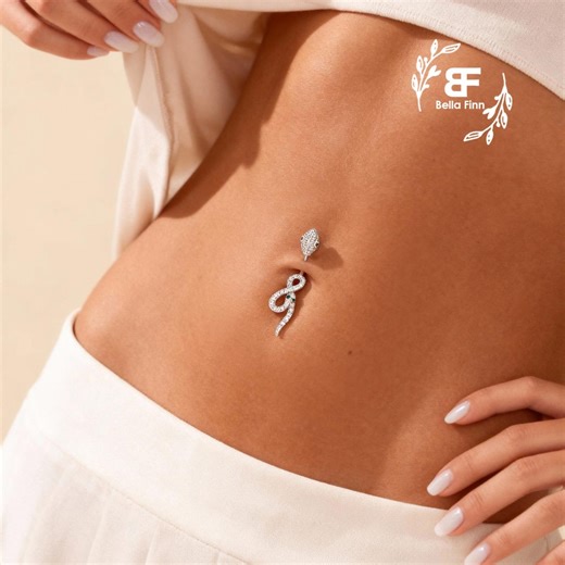 Snake Dangle Belly Ring, 925 Sterling Silver CZ Stone, Navel Ring, Dainty Curved Barbell, Belly Button Piercing Jewelry, Navel Barbell - Etsy