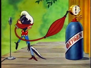 In this scene from "Little Tinker" (1948), Tex Avery parodies the popularity of singer Frank Sinatra. A lonely skunk takes the advice of Cupid's book and dons a "Frankie Suit" to swoon the ladies. The uncredited singing voice of the skunk, according to historian Keith Scott, was Bill Roberts who also sang for Michigan J. Frog in Chuck Jones' "One Froggy Evening" (1955). | GoldenAgeCartoons.com
