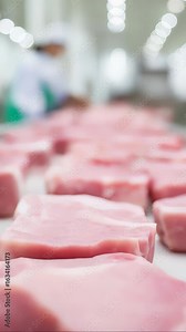 Raw pork cuts sliding systematically through automated packaging line, representing industrial food processing workflow within sterile meat production environment