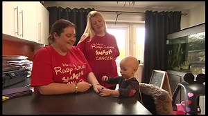 The family of a two-year-old girl from Rainham who is battling a rare aggressive childhood cancer say they have been overwhelmed by support not only from the local community but also celebrities such as Simon Cowell, Cheryl Cole and One Direction's Louis Tomlinson. Ruby Young's parents have turned to social media in their bid to raise the £500,000 needed to fund specialist care in the US. Lucinda Adam has been to meet the family. | BBC Kent