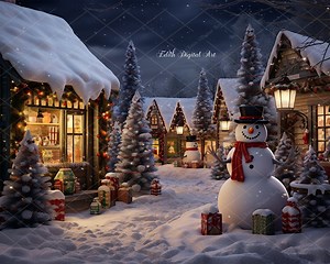 Christmas Village Background, Christmas Digital Backdrop, Snowman on Enchanted and Magical Christmas Village Overlay, Christmas Template - Etsy UK