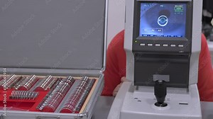Female patient closeup eye on a eye examination modern autorefractor computer-controlled machine. Medical attendance at the optometry clinic with glasses in background
