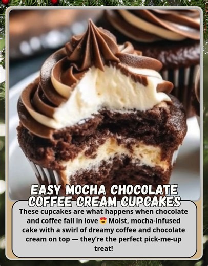 Easy Mocha Chocolate Coffee Cream Cupcakes | Rich, Swirled & Full of Flavor ☕🍫 These cupcakes are what happens when chocolate and coffee fall in love 😍 Moist, mocha-infused cake with a swirl of dreamy coffee and chocolate cream on top — they’re the perfect pick-me-up treat! Ingredients: For the cupcakes: 1 cup all-purpose flour ½ cup unsweetened cocoa powder ¾ tsp baking soda ¼ tsp salt ½ cup granulated sugar ½ cup brown sugar ½ cup vegetable oil 2 large eggs 1 tsp vanilla extract ½ cup strong