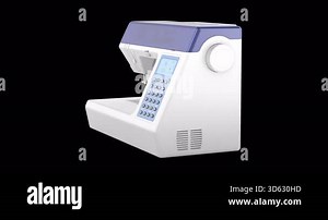 Computerized sewing machine rotating rotation animation, seamlessly loopable. 3D rendering isolated on transparent background
