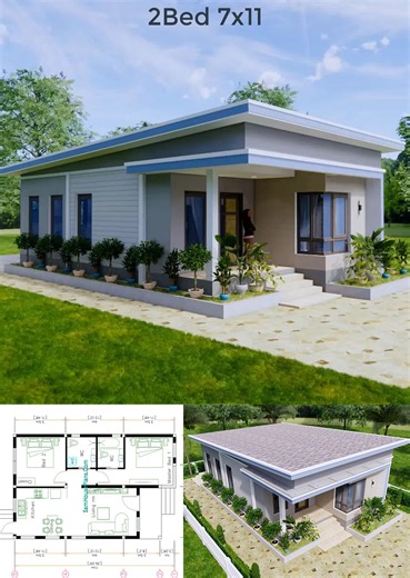 Small House Design 7x11 Meters 2 Beds Shed Roof 23x36 Feet | Sam HousePlans