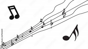 A variety of notes running through the curved sheet music. Music screensaver. Theme for background music Stock Video