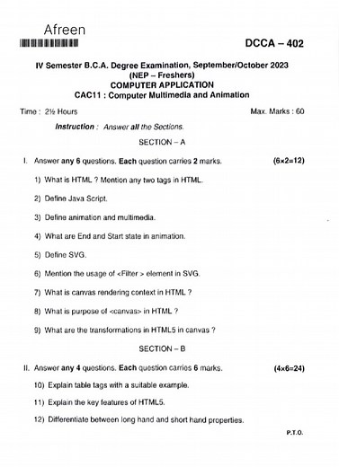 Computer Multimedia and Animation(NEP) 4th sem 2023 #questionpaper #BCA #bangalore north university