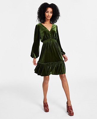 Taylor Women's V-Neck Smocked-Waist Long-Sleeve Velvet Dress - Macy's