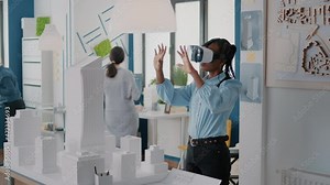 Architect using vr glasses to design building model and construction layout. Woman contractor working with virtual reality headset to plan real estate structure, creating urban project. Stock Video