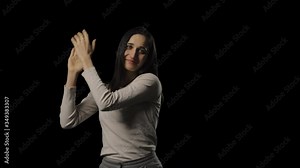 Young Indian woman applauding by clapping. Transparent isolated alpha channel background.