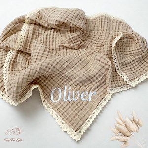 Muslin Baby Blanket Personalized, Organic Embroidered Swaddle, Custom Newborn Gift, Lace Trim Infant Blanket - Etsy