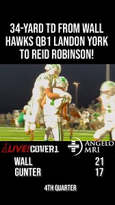 What a 4th down call! Wall goes for it on 4th and 2. 34-yard TD from Wall Hawks Football's Landon York to Reid Robinson makes it 21-17 Wall over Gunter Tiger Football with 4:55 remaining in the game. Wall must defeat Gunter on Dec. 12, 2025 to go to the state championship in Arlington. Angelo MRI Follow #txhsfb on San Angelo LIVE! | San Angelo LIVE!